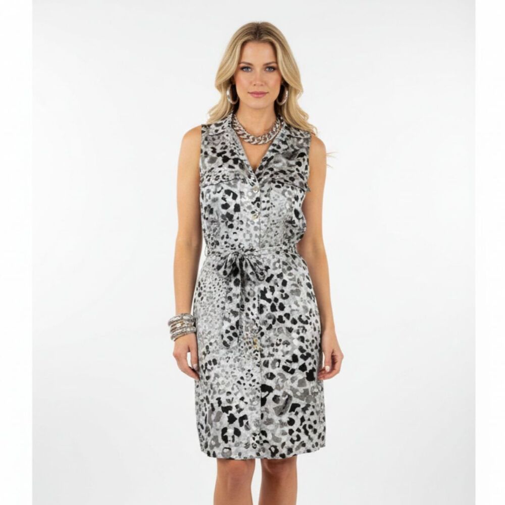 Anthropologie Gray & Black Animal Print‎ Sleeveless Button Up Dress NEW S